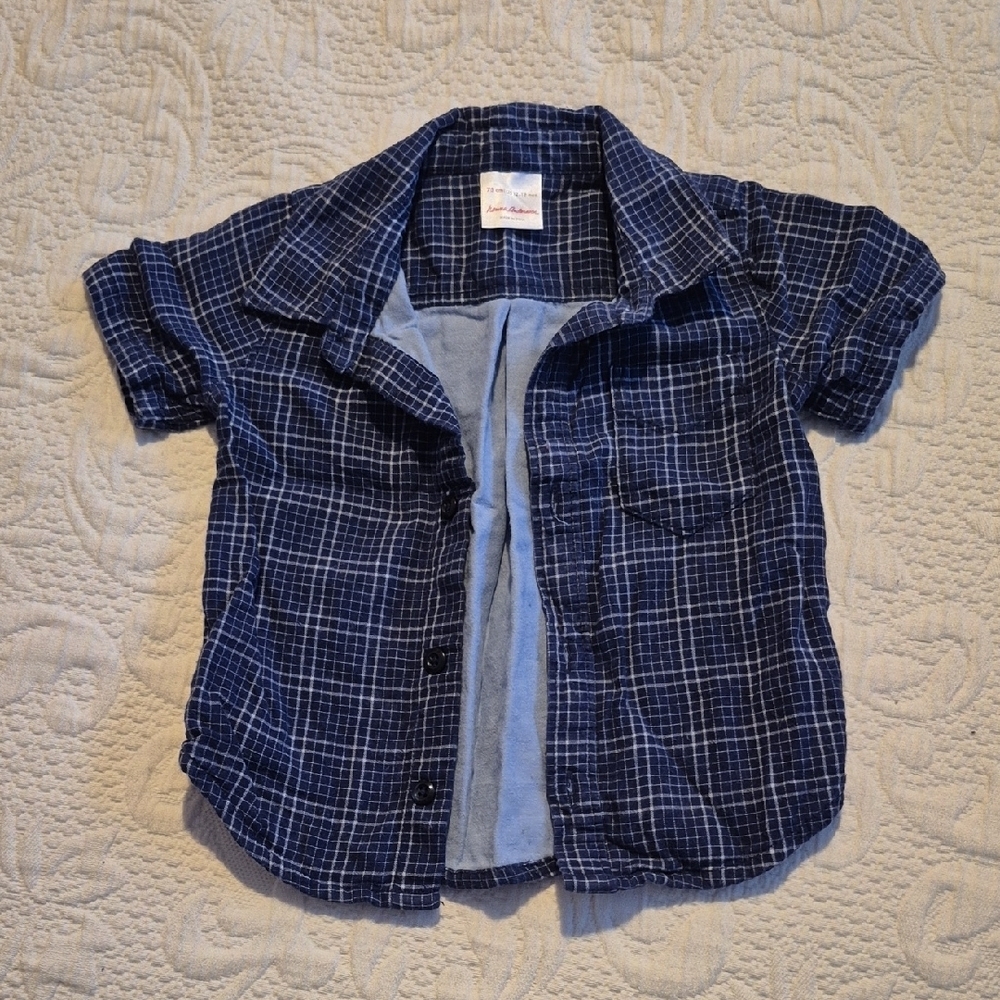 Hanna Andersson 75 12-18 months blue & white plaid short sleeve shirt VGUC